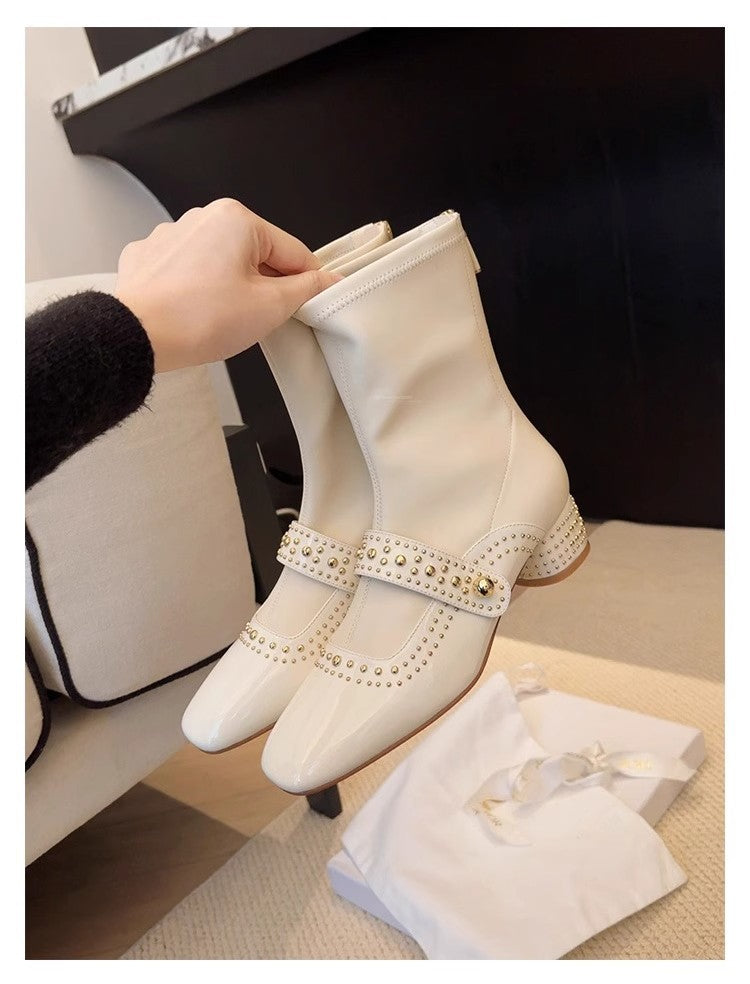 Square Toe Rivet Strap Knight Thick Thin Female Grape Women's Leather Boots