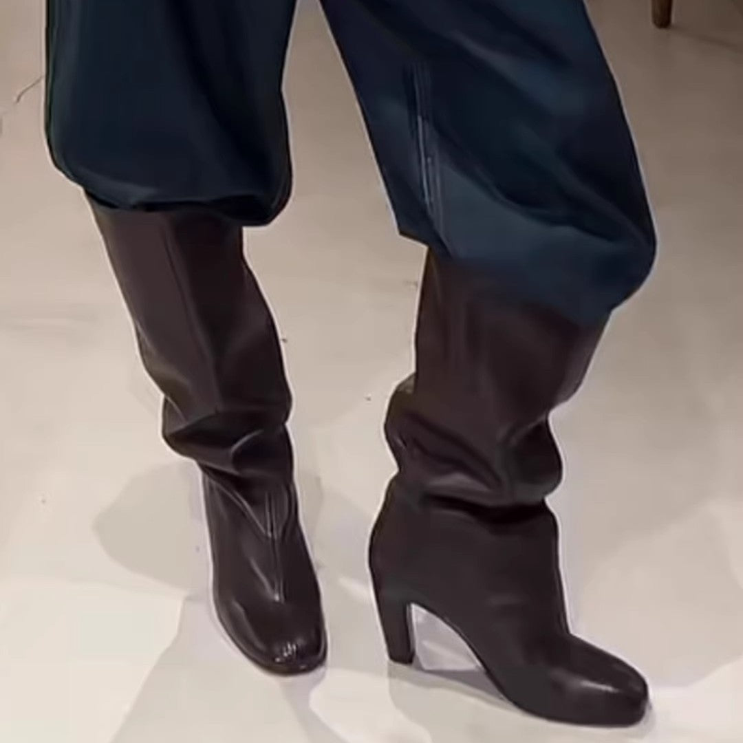 Women's Chunky Pile Style Below The Knee High Long Black Color Women's Leather Boots