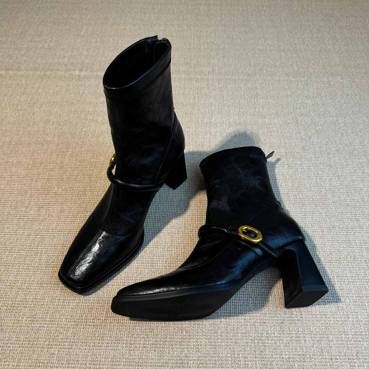 Back Zipper High Square Toe Vintage Fashion Female French Women's Leather Boots