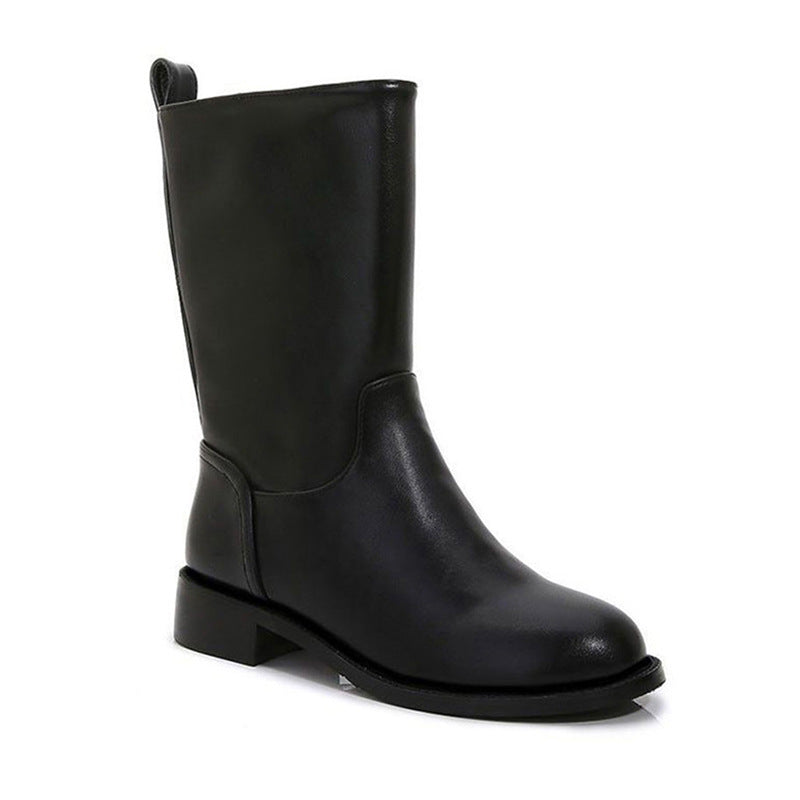 Women's Ankle Fleece-lined Thick Western Cowboy Retro Middle Round Head Heels
