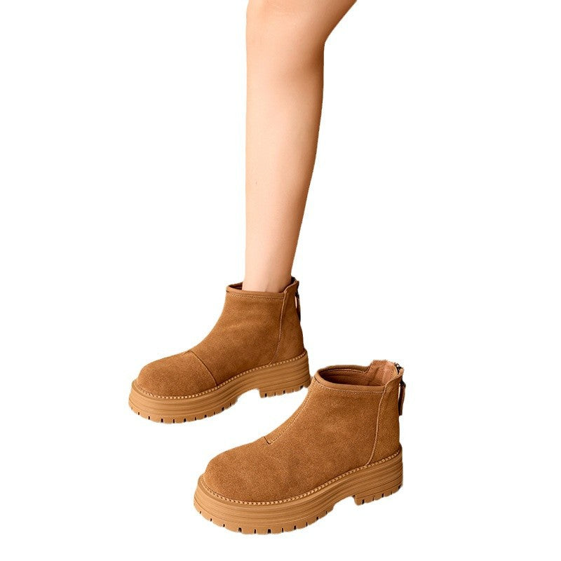 Women's Winter Vintage Fleece-lined Warm Side Zipper Frosted Cowhide Platform Women's Leather Boots