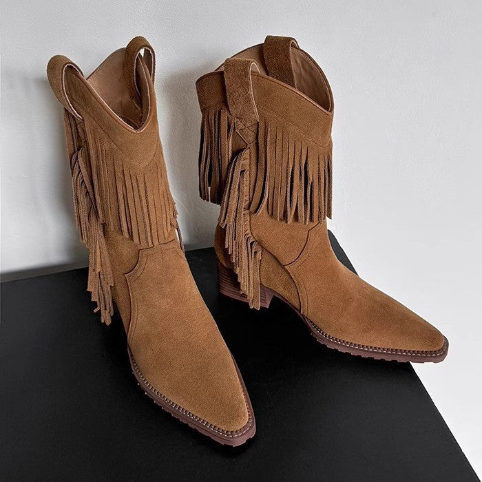 Knee-high Thick Western Cowboy Short Plus Women's Leather Boots