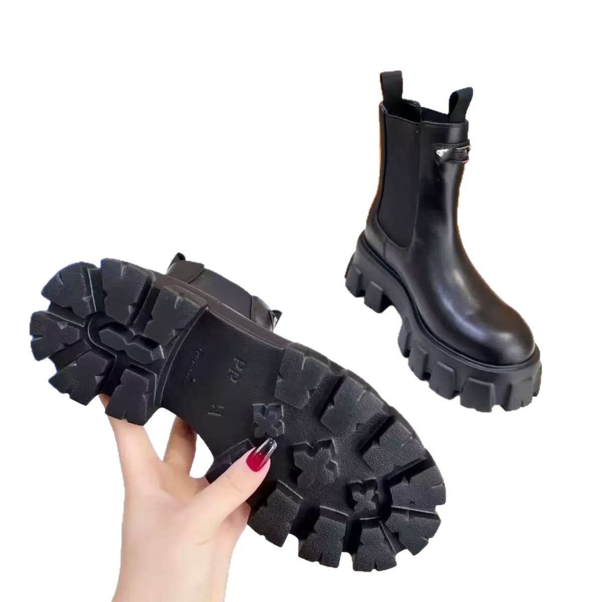 Women's Slit Beads Cowhide Elastic Sleeve Chelsea Smoke Boots