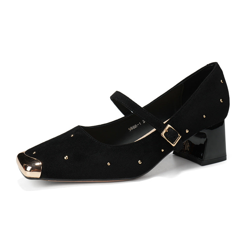 Women's French Joker Retro Square Toe Rivet Chunky Mary Heels