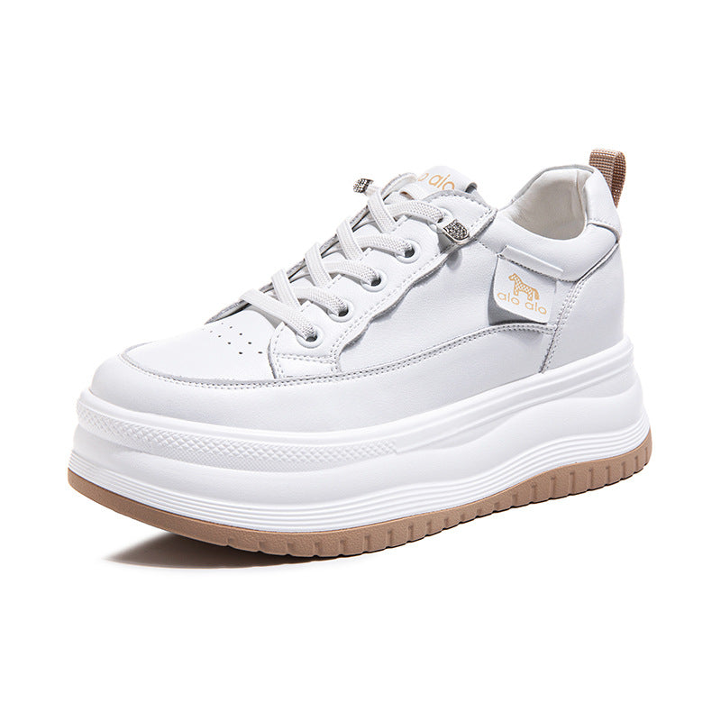 Women's White Spring Genuine Sports Skate Thick-soled Small Women's Casual Shoes