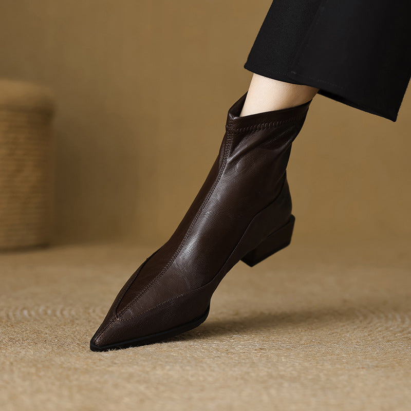Women's French Pointed Toe Stretch Thin Low Thick Short Retro Brown Heels