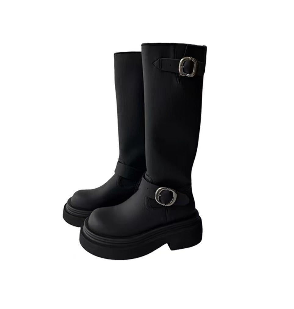 Belt Buckle Below The Knee Female Round Toe Thick Bottom Boots