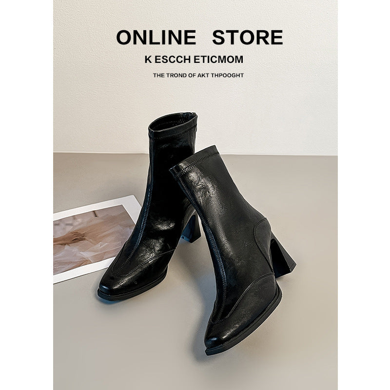 Women's Korean Style High Square Toe Skinny Short Chunky Vintage Martin Women's Leather Boots