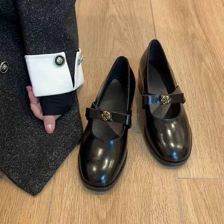 Women's Retro Commuter Bow Camellia Shallow Mouth Pumps Chunky Genuine Mary Women's Fashion Shoes