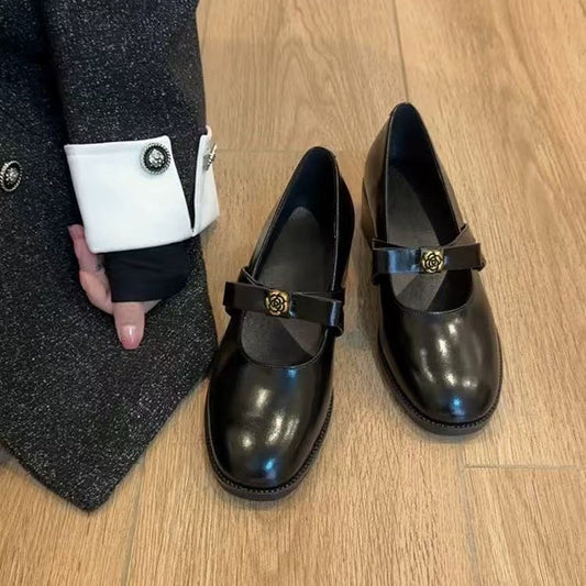 Women's Retro Commuter Bow Camellia Shallow Mouth Pumps Chunky Genuine Mary Women's Fashion Shoes