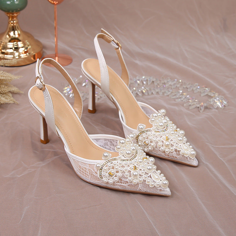 Women's White Wedding Lace Princess Style Stiletto High Heeled Sandals
