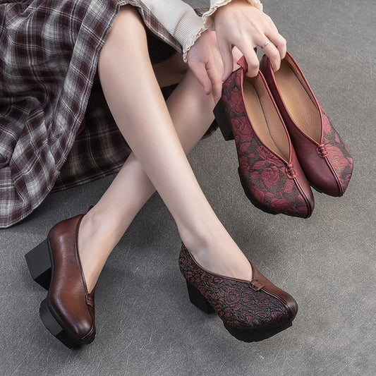 Women's Style Traditional Chunky Pumps First Layer Cowhide Embossed Women's Casual Shoes