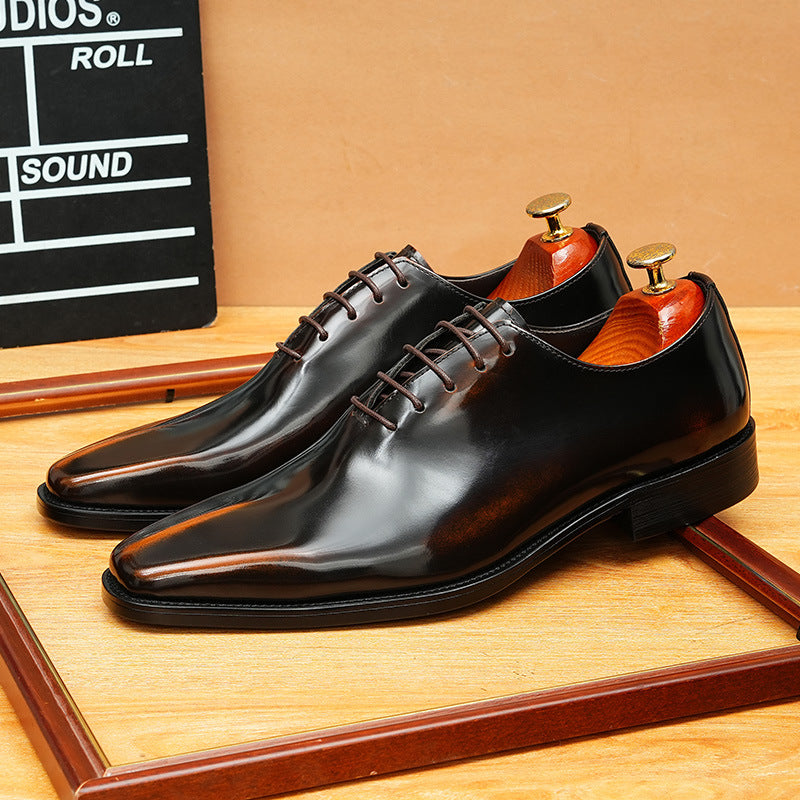Men's Pointed Toe Glossy Top Layer Cowhide Inner Soft Bottom Groom Men's Casual Leather Shoes