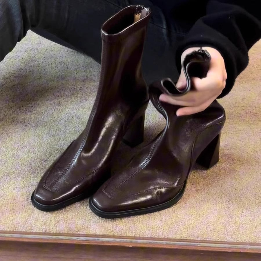 Women's Short For Square Toe Martin Black Chunky Women's Leather Boots
