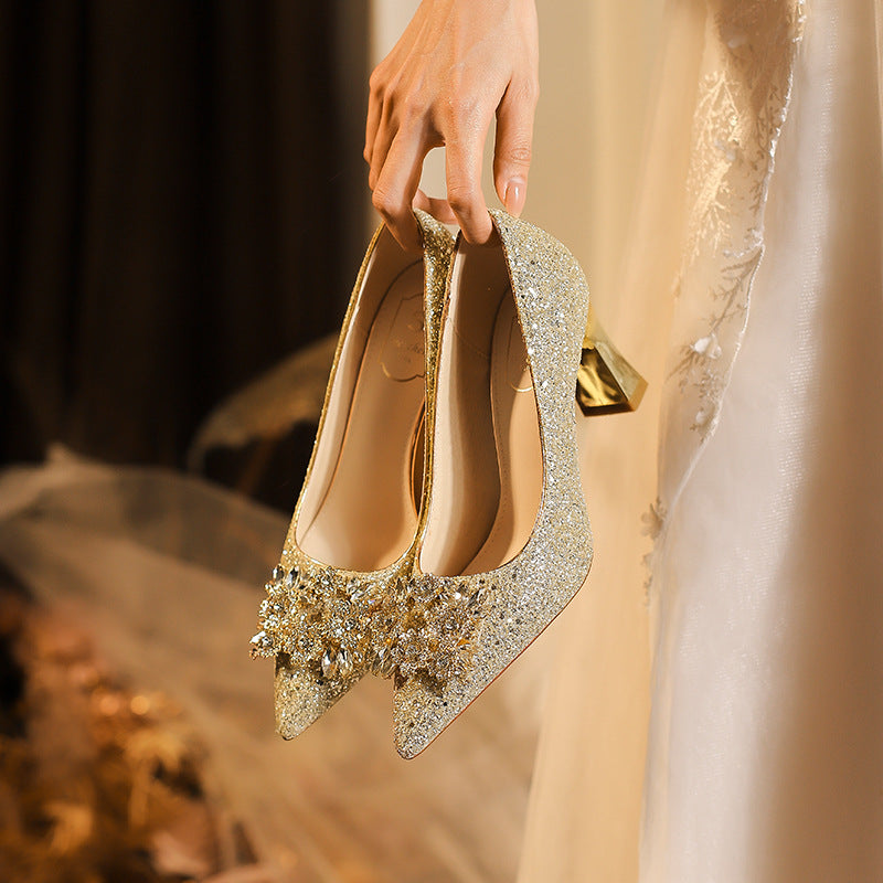 Women's Main Wedding Dress Champagne Gold French High Women's Fashion Shoes
