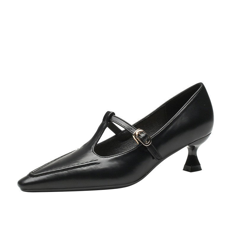Women's Pointed Toe Mary Jane Thin Short Solid Heels