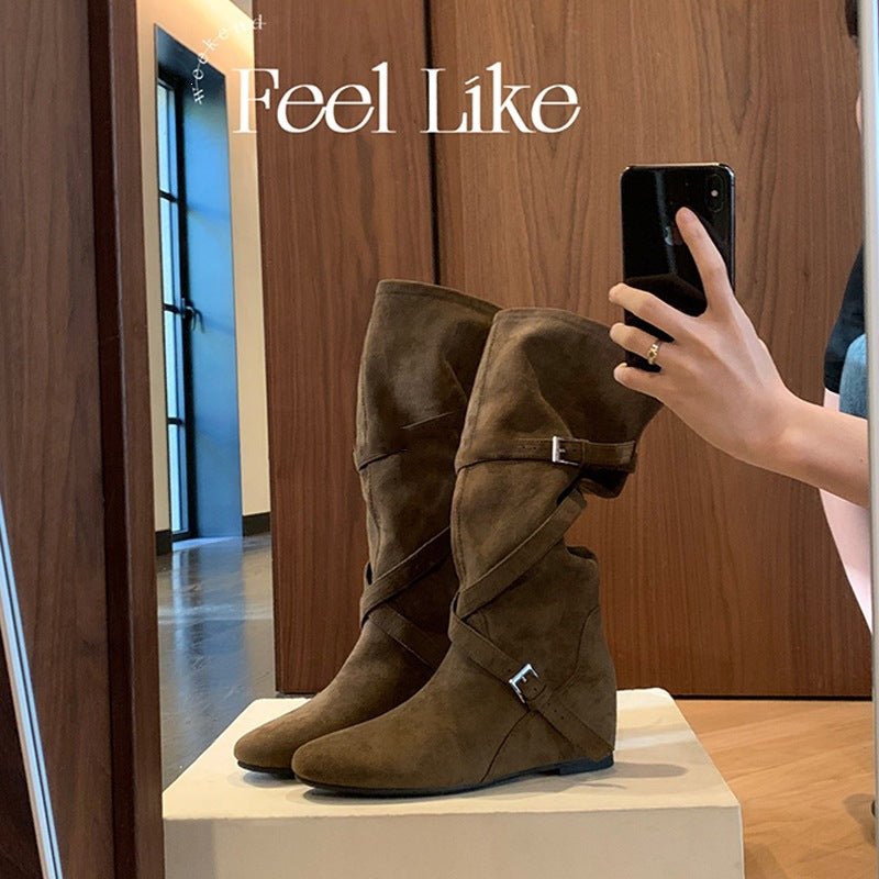 Women's Cowhide Version Height Increasing Korean Round Head Buckle Soft Pleated Boots
