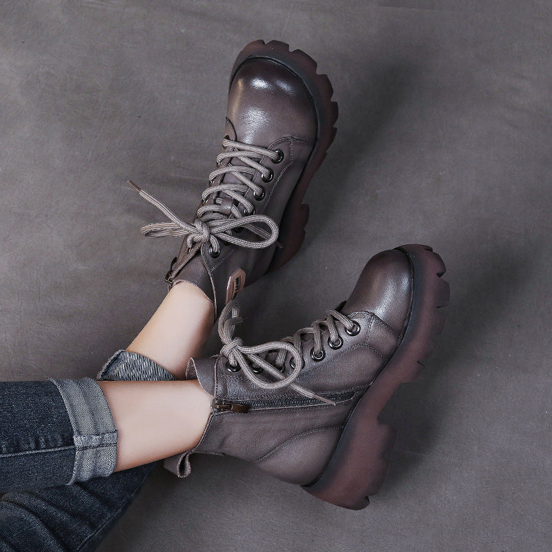 Women's Handmade Martin For Winter Lace Up Increased Single-layer Women's Leather Boots