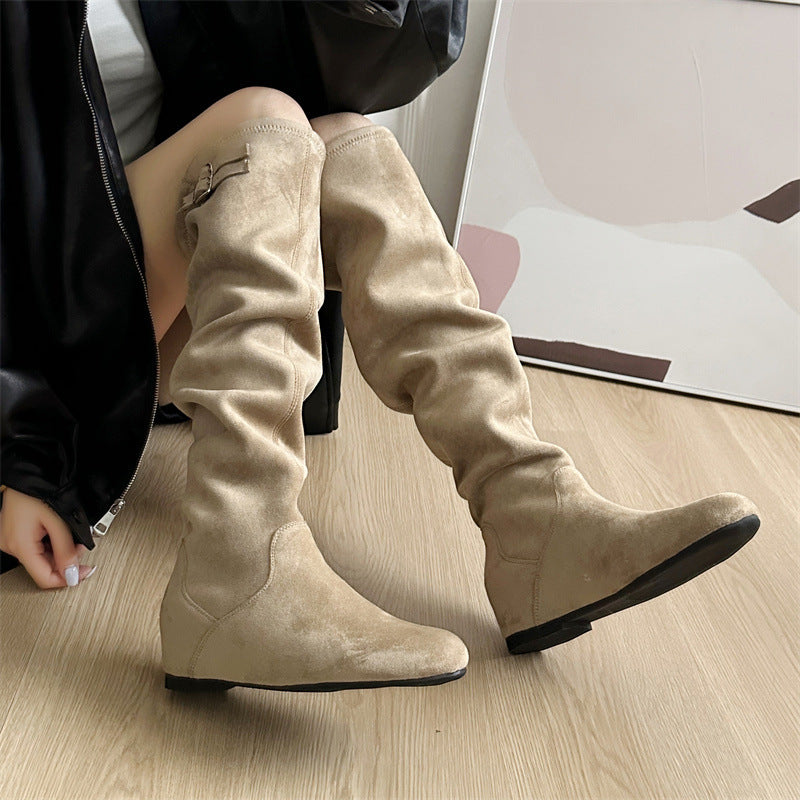 Cowhide Version Height Increasing Insole Vintage Suede Women's Leather Boots