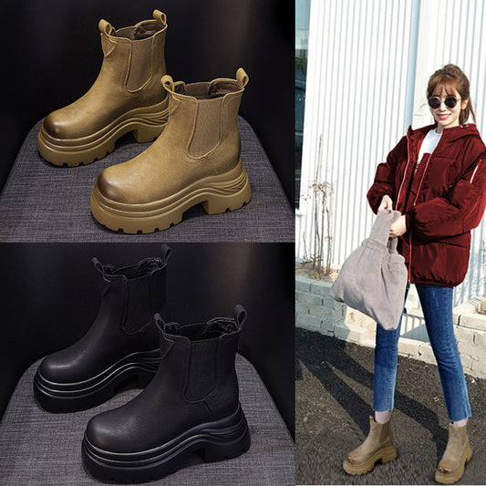 Women's Martin Platform Height Increasing Insole Fashion British Style Slip-on Smoke Boots