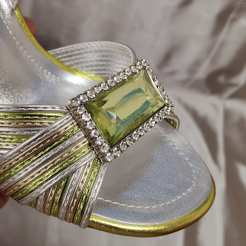 Women's Rhinestone Gem Summer Peep Toe Color Block High Heeled Sandals