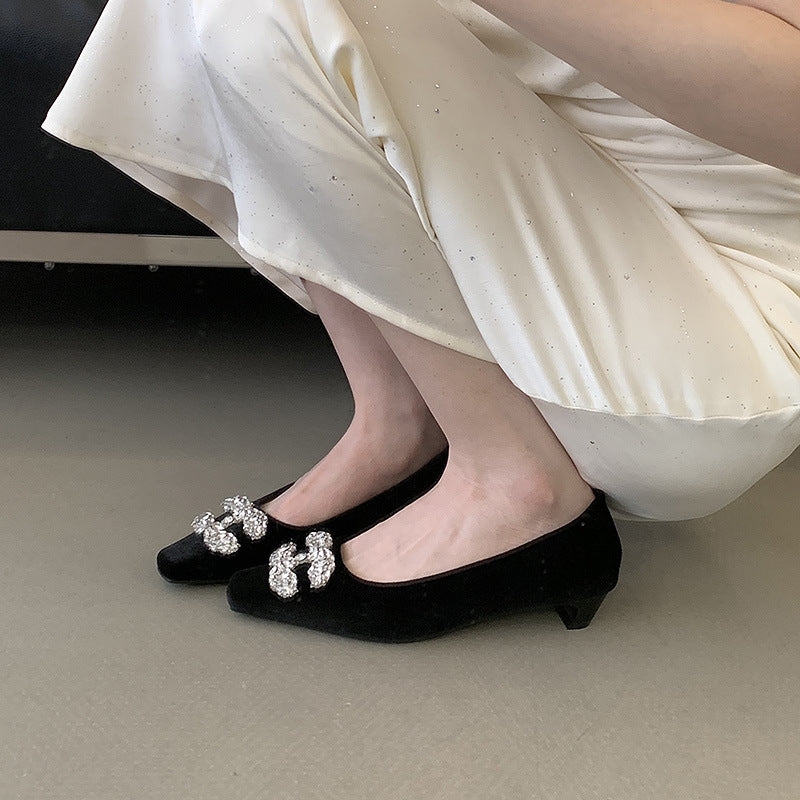 Women's Pairs Of Buckle Rhinestone Square Toe Low Heels