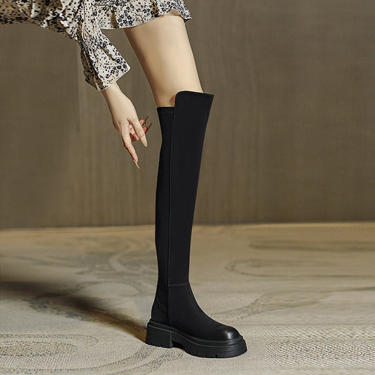 Long Female Winter Suede Round Toe Thick Bottom Chunky Super Boots