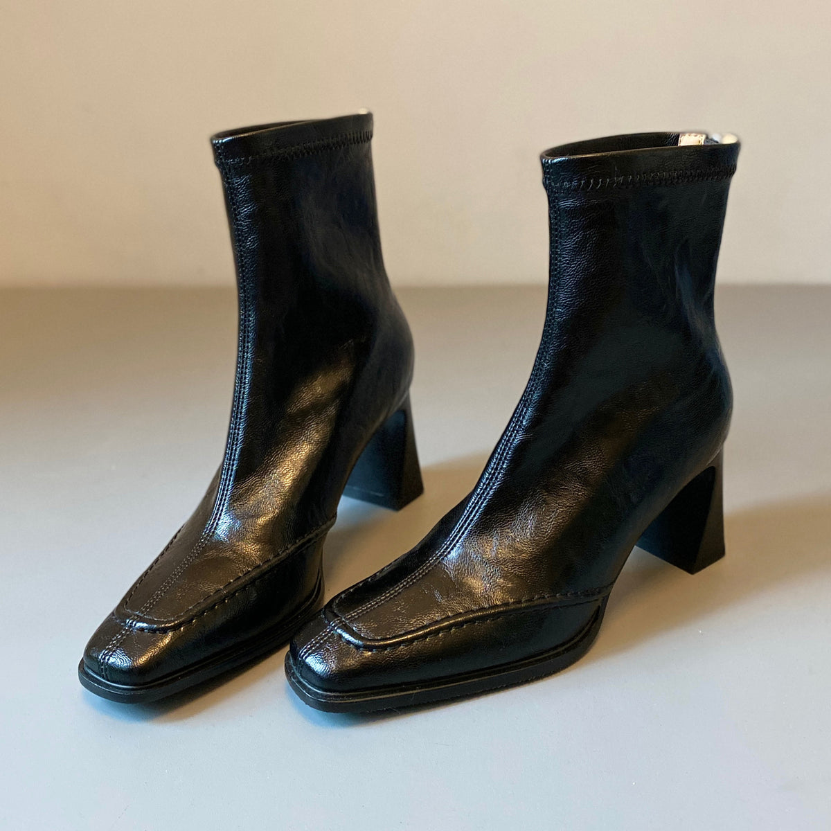 Women's French Style Square Toe Chunky Short Simple Temperament Slim Women's Leather Boots