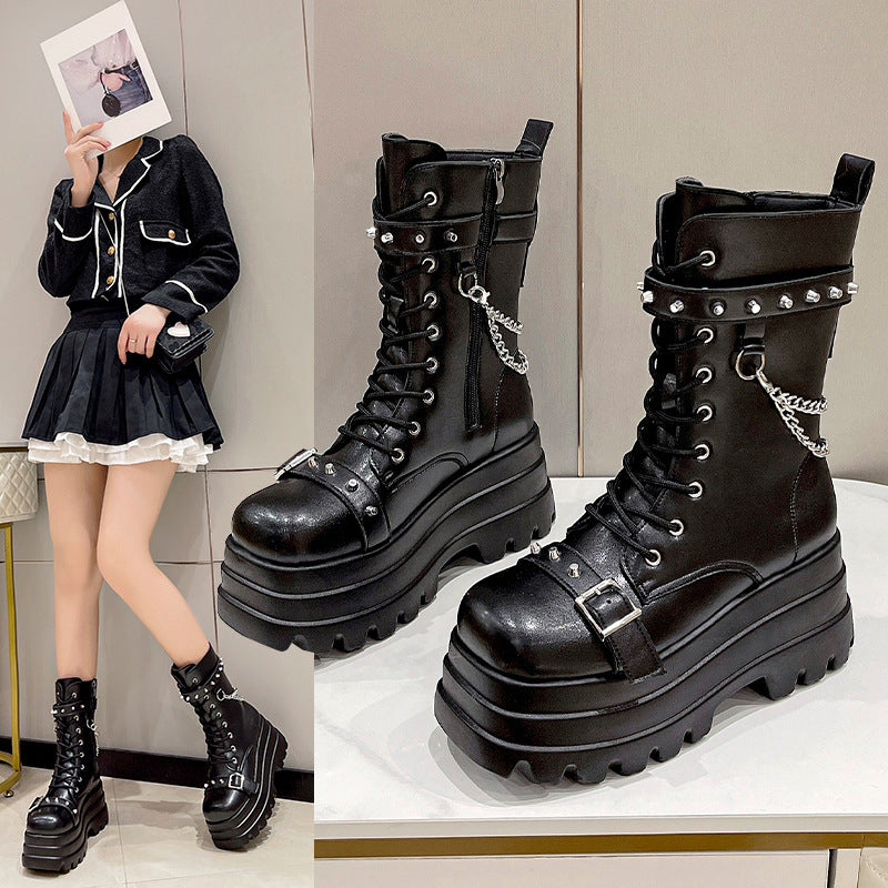 Women's Increasing Versatile British Style Martin Plus Size Round Women's Leather Boots