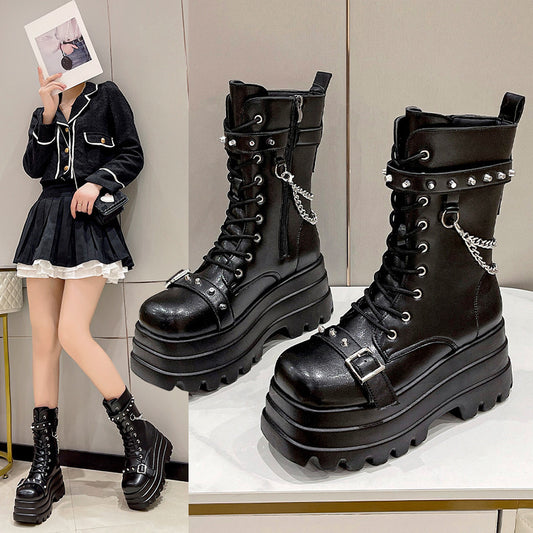 Women's Increasing Versatile British Style Martin Plus Size Round Women's Leather Boots