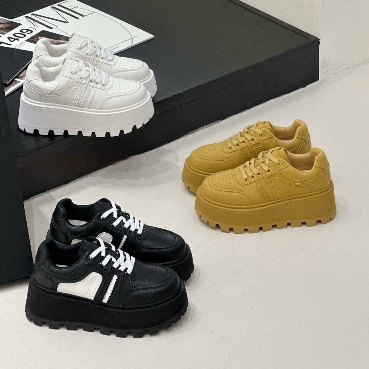 Black White Thick Sole Height Increasing Women's Casual Shoes