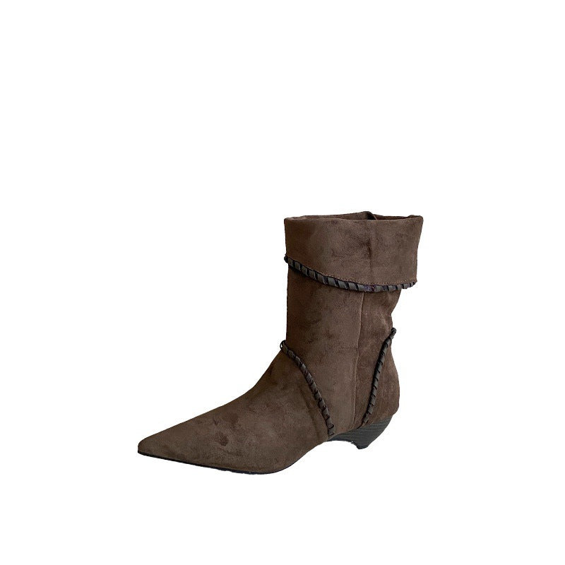 Wooden Handmade Binding Cable Pointed Toe Suede Women's Leather Boots
