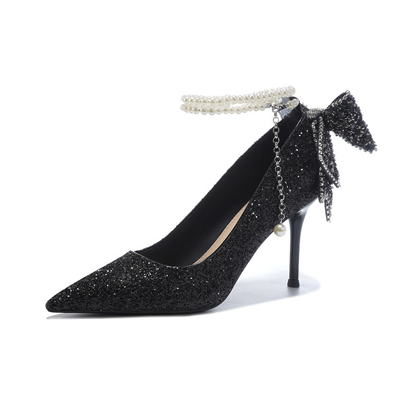 Women's Wedding Dress Bridal Crystal Sequined Adult Ceremony Pearl Chain Bow Women's Fashion Shoes