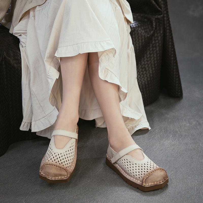 Women's Summer First Layer Cowhide Retro Style Flat Sandals