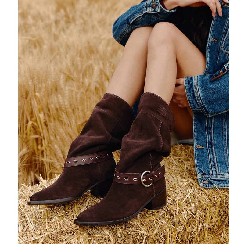 Suede Retro Length Knight Pleated Western Women's Leather Boots