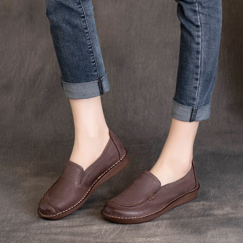 Ethnic Style Vintage Cowhide Round Toe Slip-on Flat Soft Bottom Heels