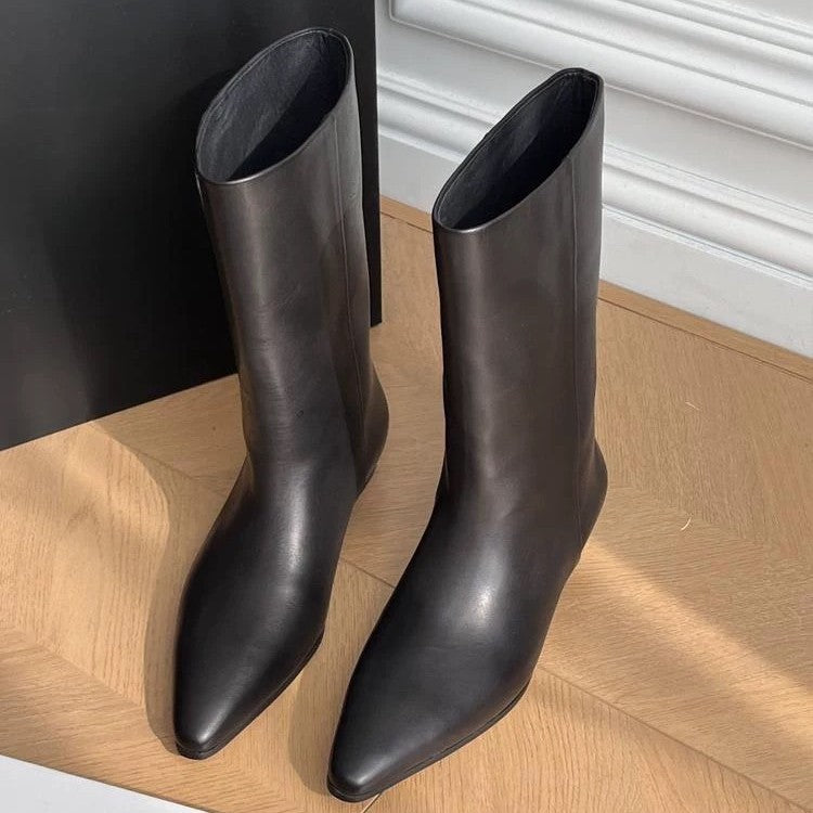 Women's Sheepskin Version Minimalist Pointed Flat Western Cowboy For Women's Leather Boots