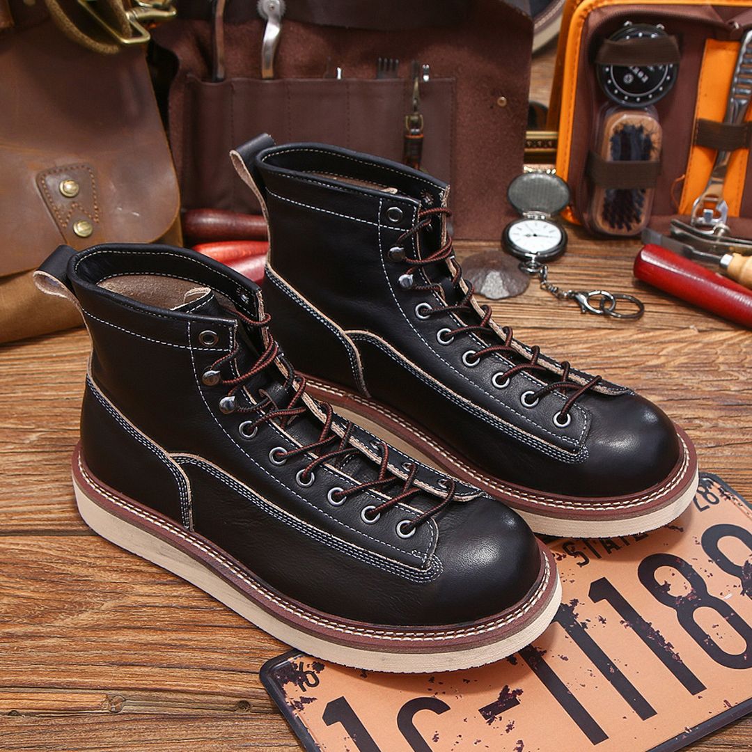 Men's Genuine Retro Warm Extra Black Color Matching Platform Men's Martin Boots