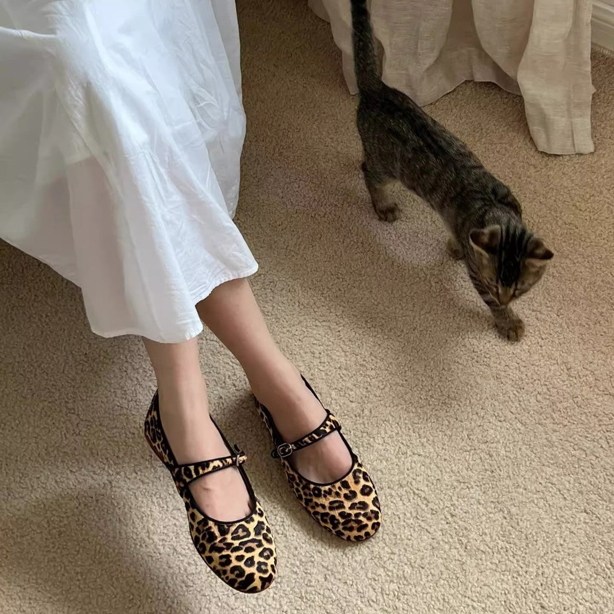 Women's Cowhide Version Super Soft Bottom Genuine Leopard Print Mary Women's Fashion Shoes