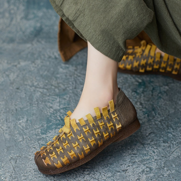 Women's Vintage Cowhide Hand-woven Soft Bottom Slip On Women's Casual Shoes
