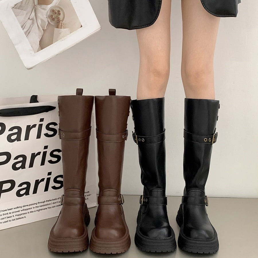 Women's Brown Retro British Style Chunky Platform Below Heels