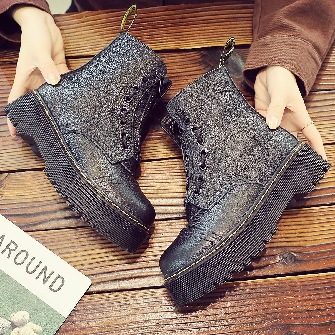 Women's & Men's Front Zip Platform Cowhide Sewing Raise The Boots