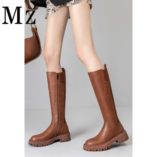 Leg Side Zip Platform Below The Knee Tall Women's Leather Boots