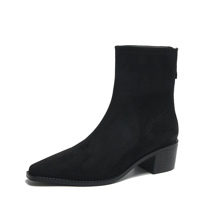 Women's Spring Single Thick Back Zipper French Suede Women's Leather Boots