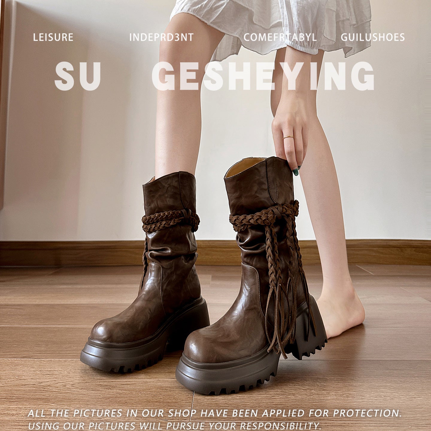 Women's Waste Soil Style Pleated Pile Slimming Round Toe Thin Boots