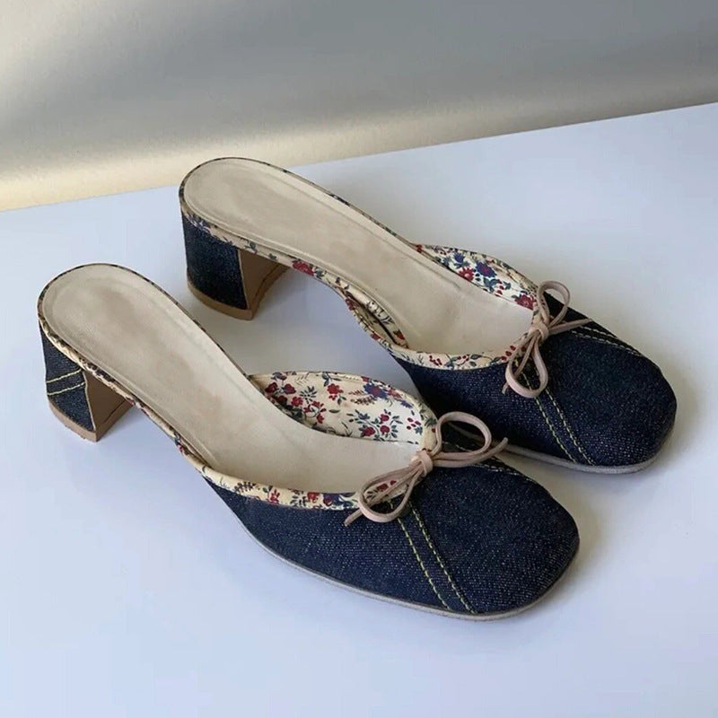 Women's Niche Denim Square Toe Bow Thick Semi Women's Fashion Shoes