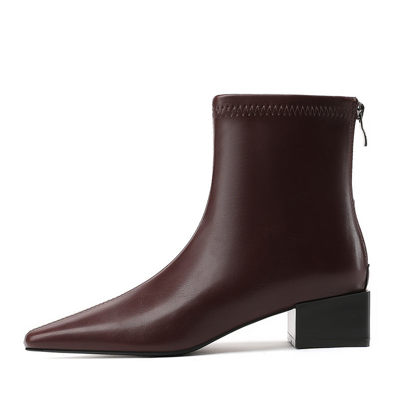 Women's Cherry Red Square Toe Chunky Chelsea Smoke Pipe Short Motorcycle Women's Leather Boots