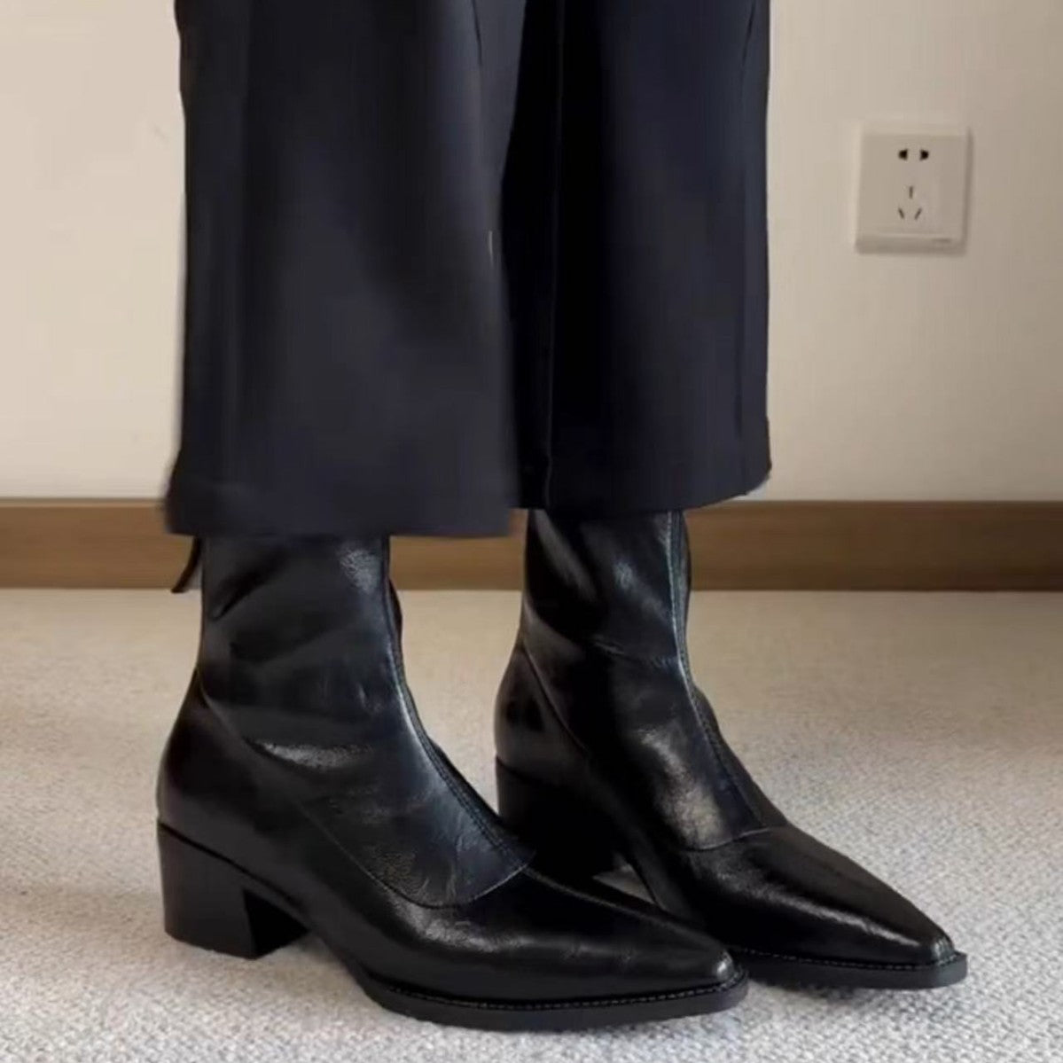 Women's Pointed Toe Chunky Booties Soft Stretch Thin French Commuter High Women's Leather Boots