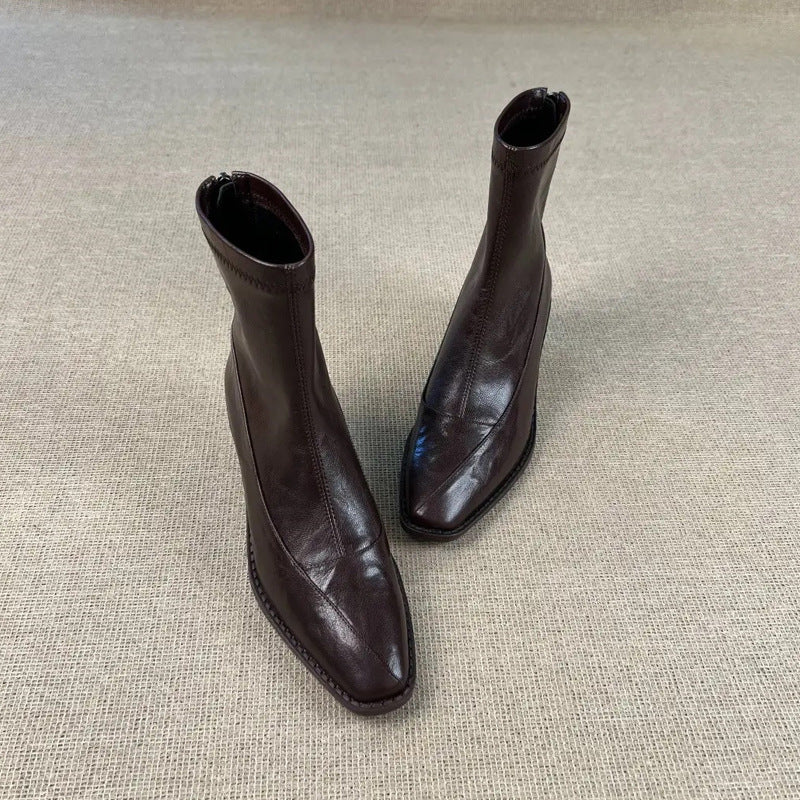 Women's Stretch Thin Chunky Black Short Suede Slimming Women's Leather Boots