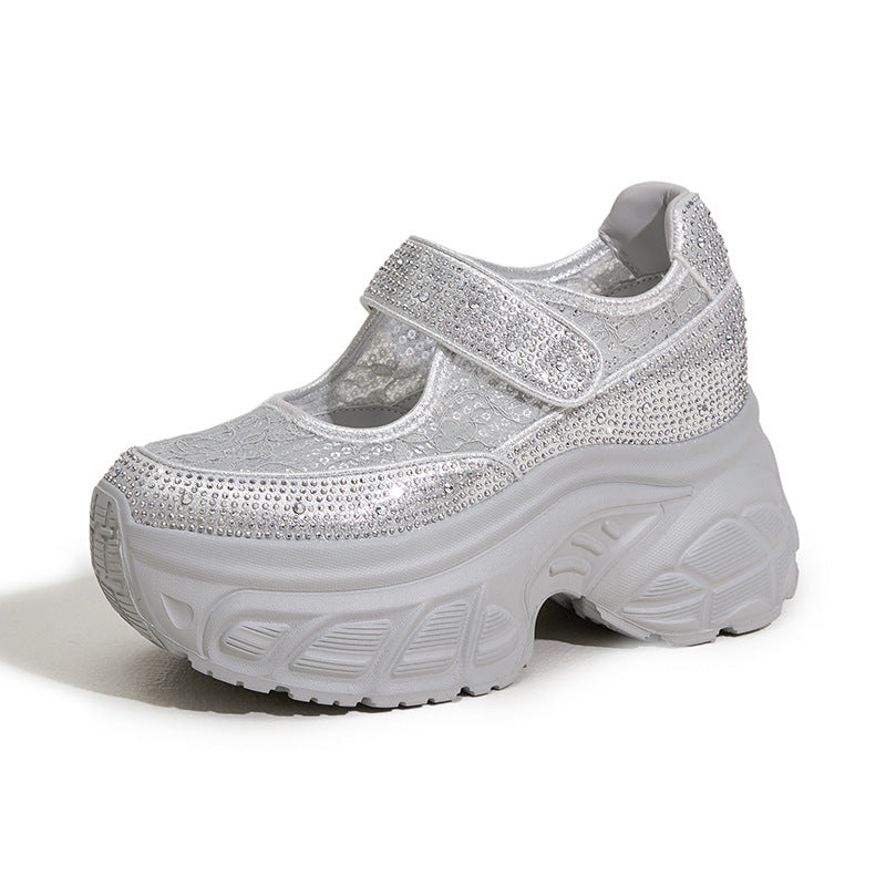 Women's Summer Thick Bottom Height Increasing Insole Mesh Velcro Rhinestone Men's Shoes